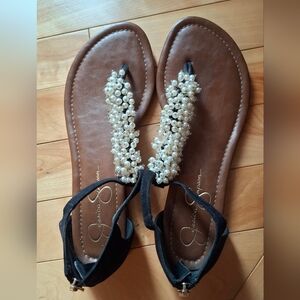 Jessica Simpson Black Sandals with Pearl Cluster Suede Black T-Strap Sz 9